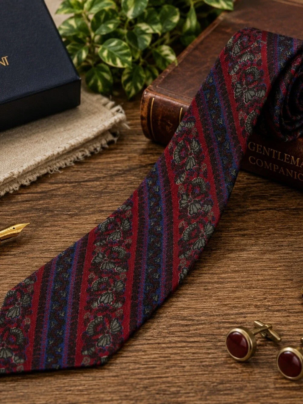 Vintage Yves Saint Laurent 100% Silk Skinny Burgundy Floral Designer Tie
